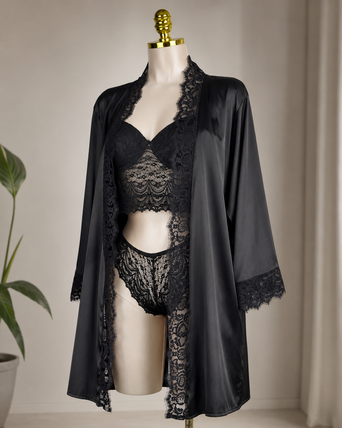 Satin Lace Robe Lingerie Set – 4 Pieces