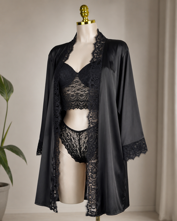 Satin Lace Robe Lingerie Set – 4 Pieces