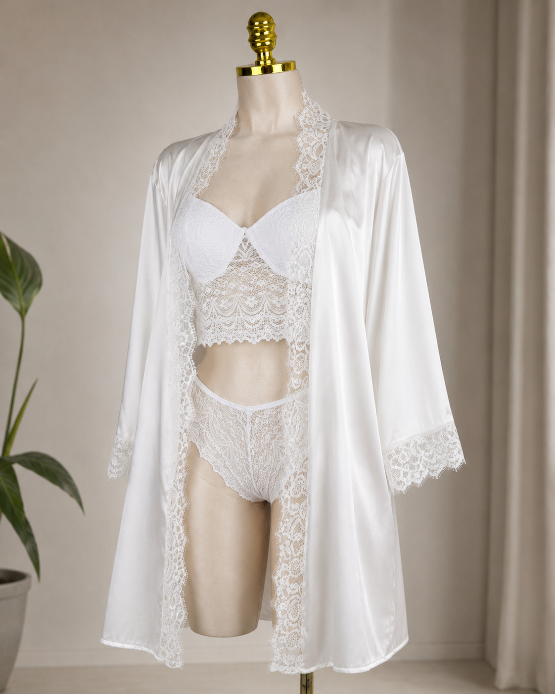 Satin Lace Robe Lingerie Set – 4 Pieces