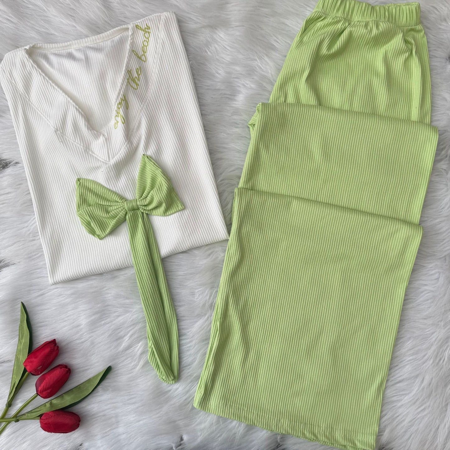 Ribbed Bow Pajama Set