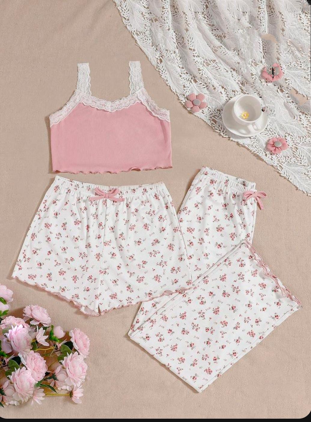 Floral Lace 3-Piece Pajama Set